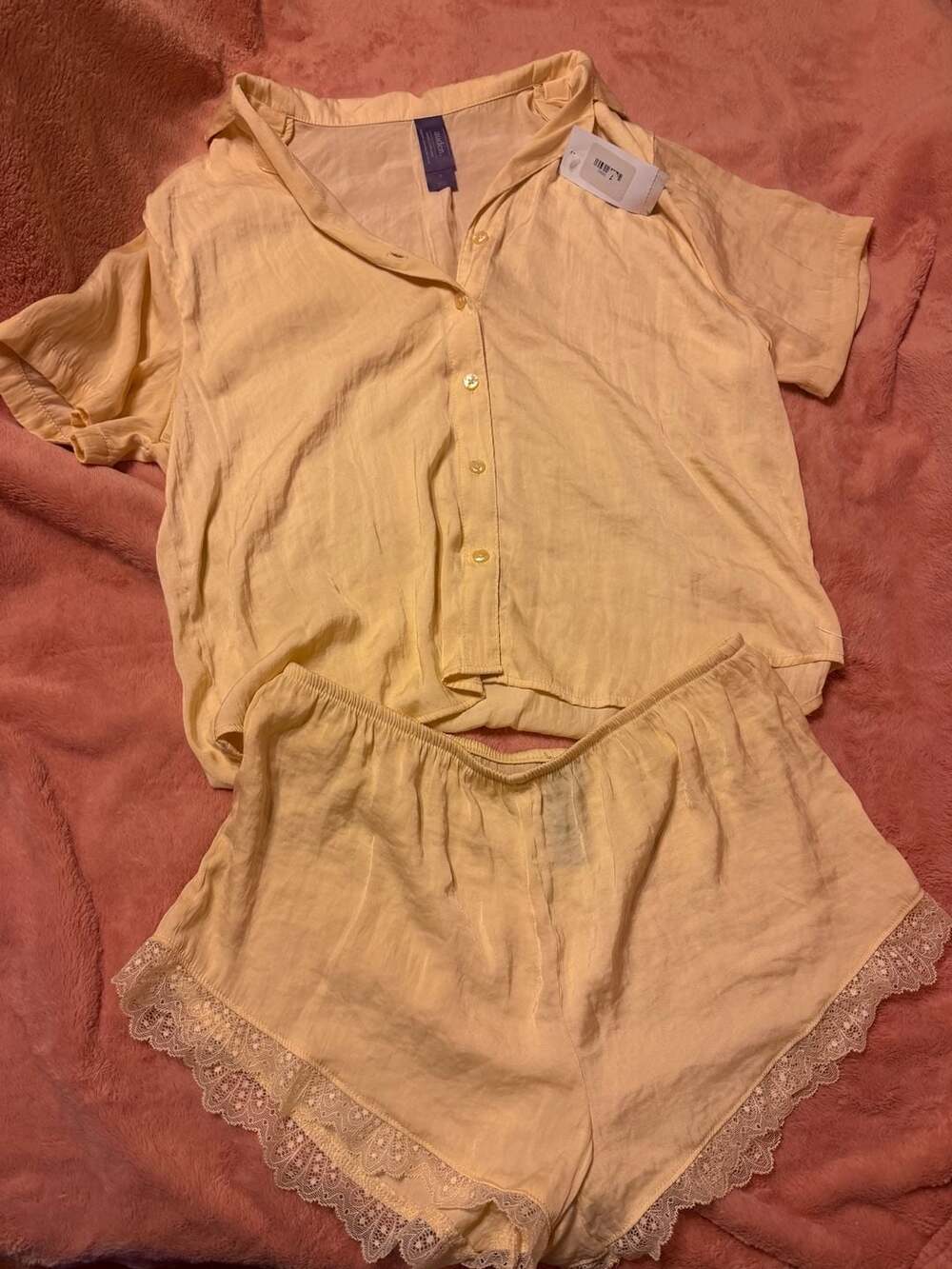 Auden Women's Luxury Collection Satin Notch Collar Top and Lace Trim Shorts Paja